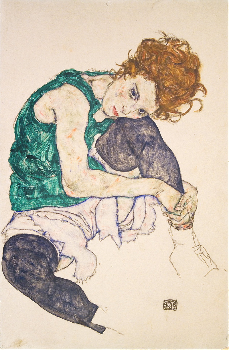 A024085 《曲膝坐着的女子》 奥地利画家埃贡·席勒高清作品 奥地利-第1张
