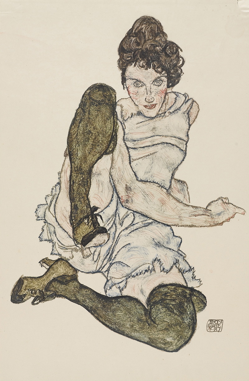 A024090《斜倚绿色丝袜的女人》奥地利画家埃贡·席勒高清作品 奥地利-第1张