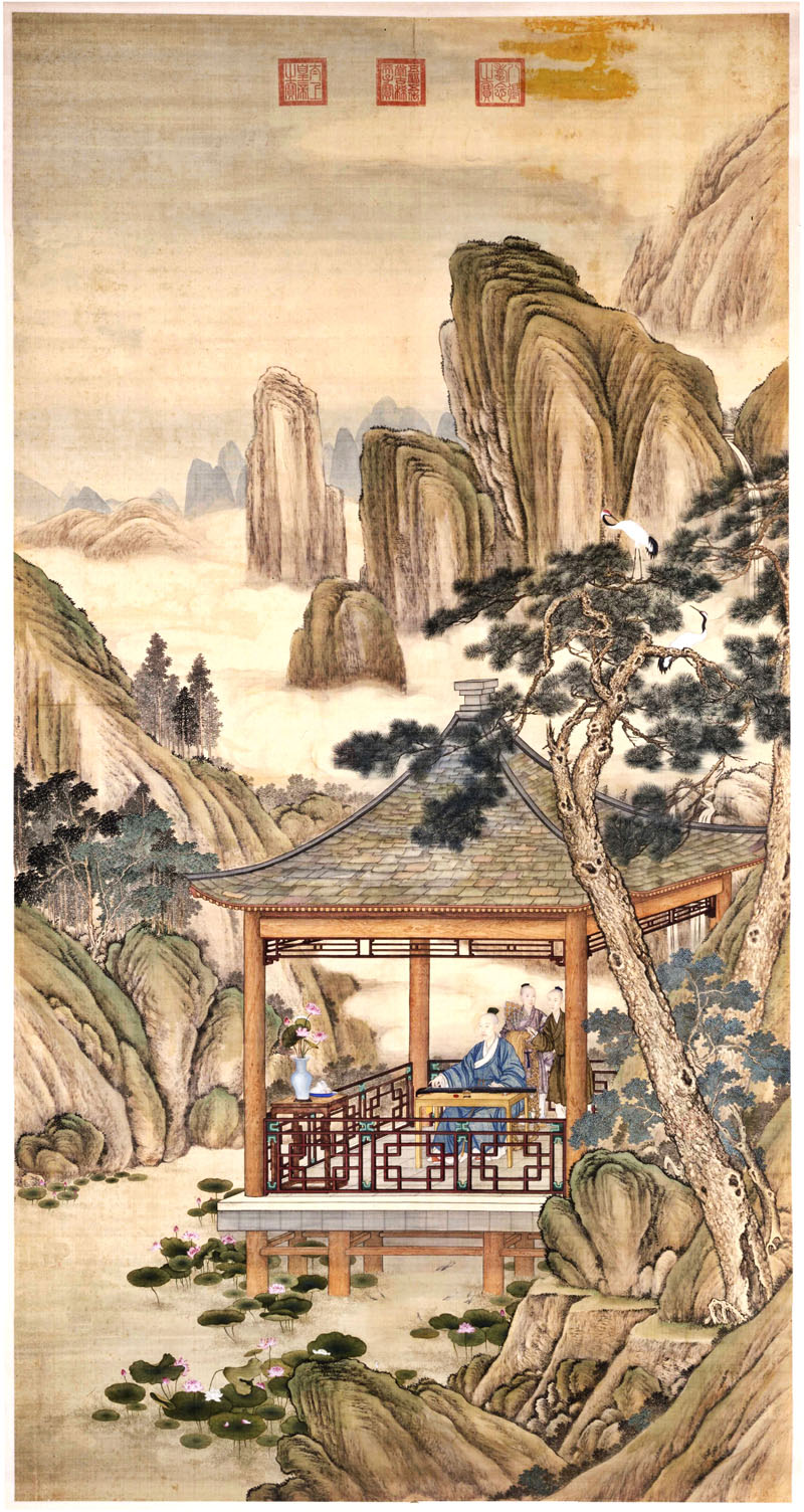 B2049079《弘历观荷抚琴图》清代画家郎世宁高清作品 清代-第1张