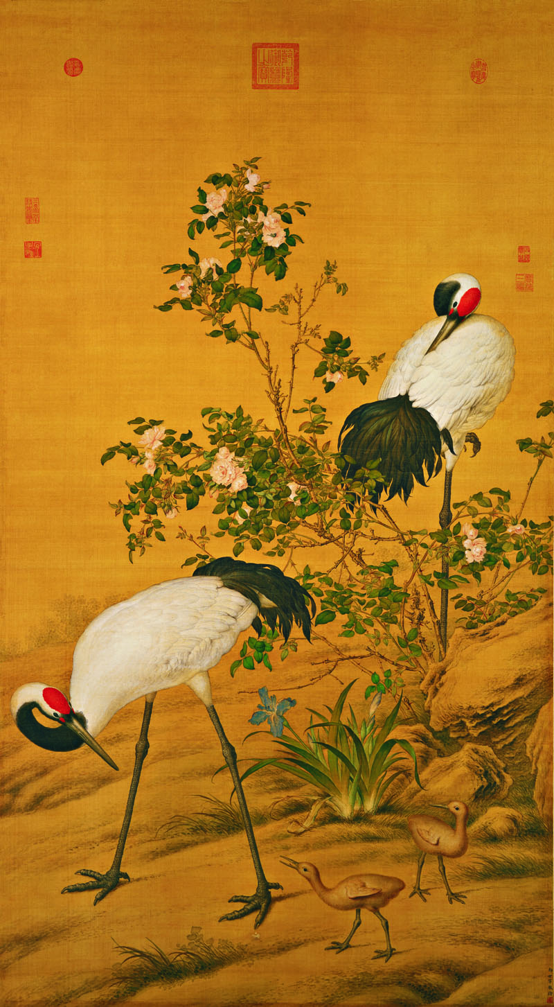 B2049097《花卉双鹤图》清代画家郎世宁高清作品 清代-第1张