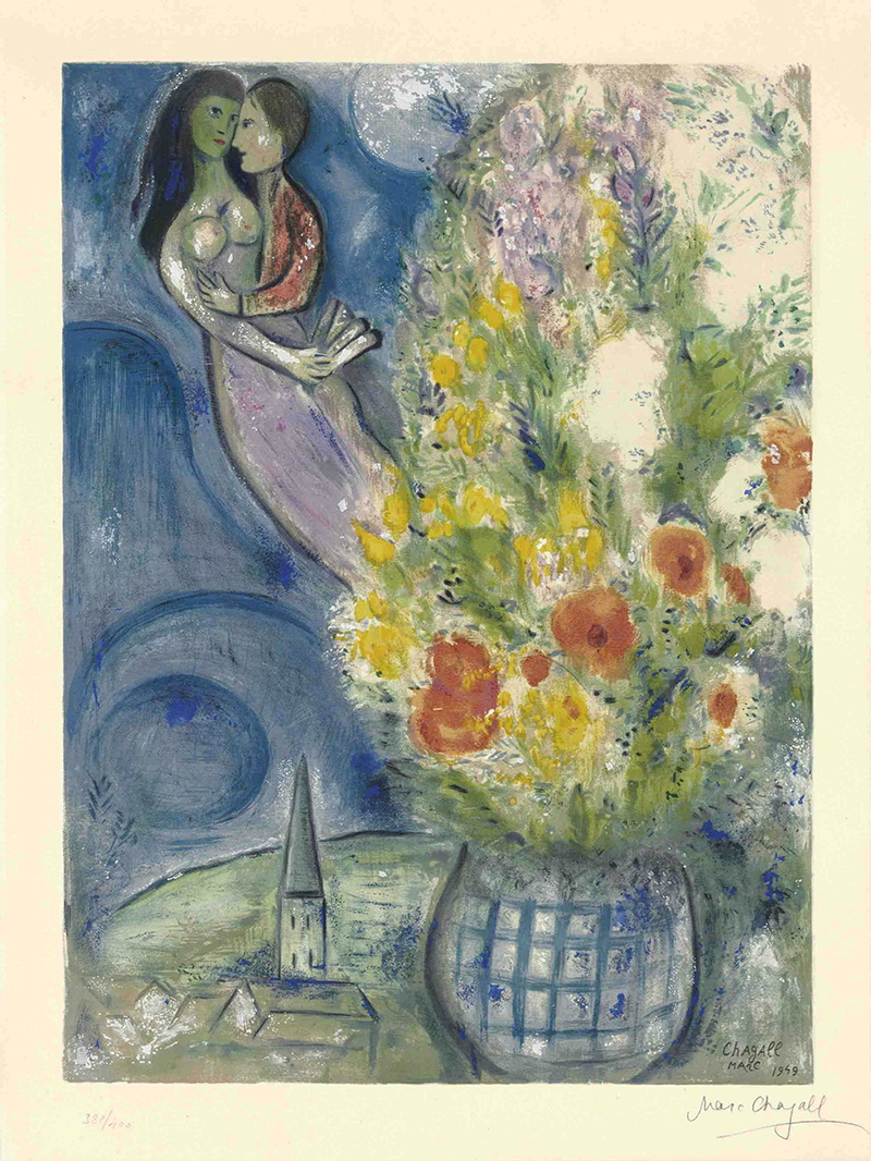 A030039《花瓶边的情侣》俄罗斯画家马克·夏加尔高清作品 油画-第1张