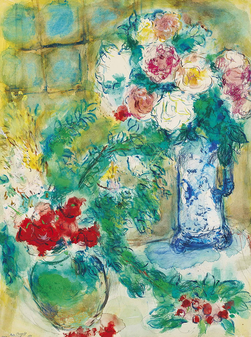 A030040《窗边花瓶里盛开的花》俄罗斯画家马克·夏加尔高清作品 油画-第1张