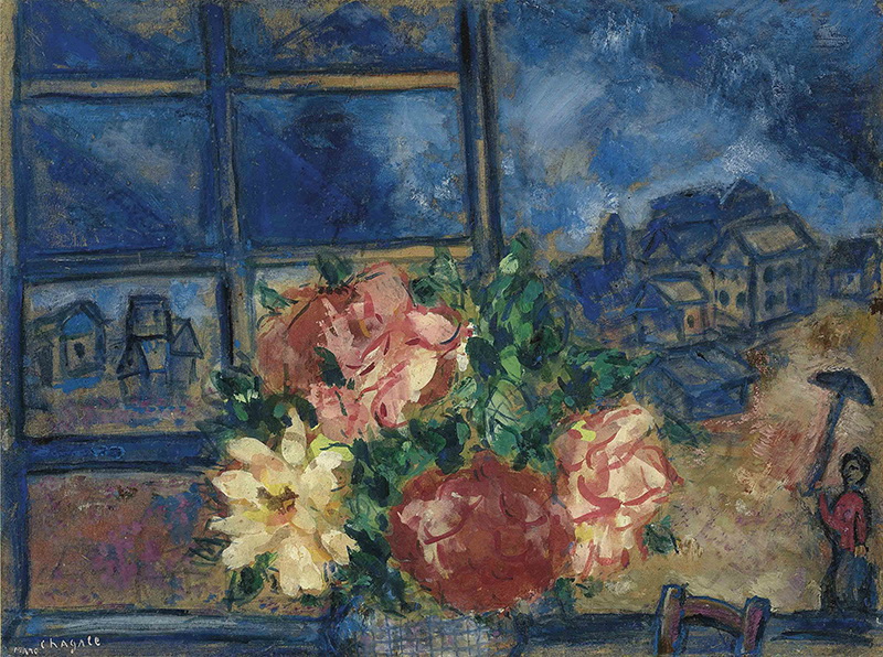 A030069《窗边盛开的红花》俄罗斯画家马克·夏加尔高清作品 油画-第1张