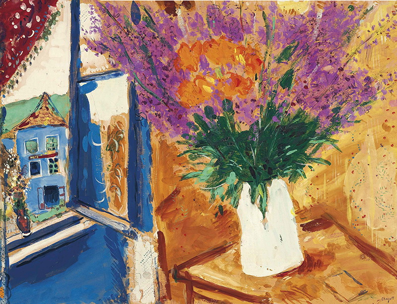 A030080《窗边白色花瓶里的鲜花》俄罗斯画家马克·夏加尔高清作品 油画-第1张