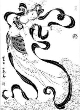 D001032《工笔白描仕女图-飞天》刘公华高清白描作品