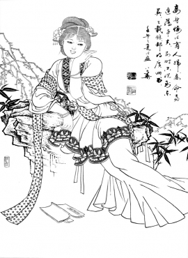 D001046《工笔白描仕女图-困来懒读书》刘公华高清白描作品
