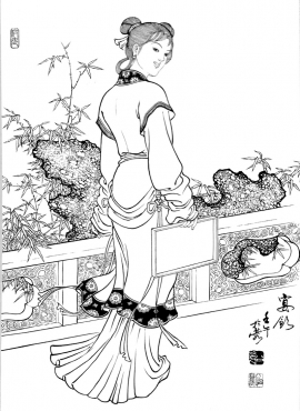 D001069《工笔白描仕女图-宴饮》刘公华高清白描作品