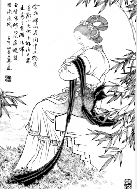 D001070《工笔白描仕女图-望月》刘公华高清白描作品