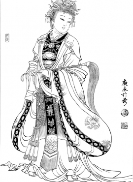 D001083《工笔白描仕女图-朝天》刘公华高清白描作品