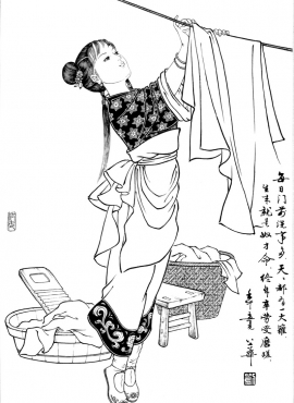 D001087《工笔白描仕女图-洗事盈盆》刘公华高清白描作品