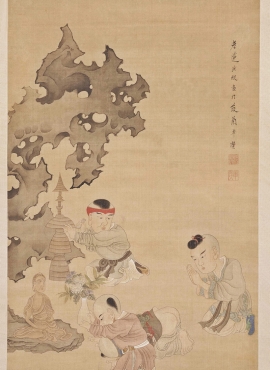 B3004077《童子礼佛图》明代画家陈洪绶高清作品