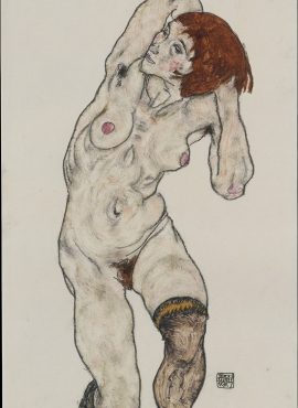 A024083 《双手摸头的裸体女人》奥地利画家埃贡·席勒高清作品
