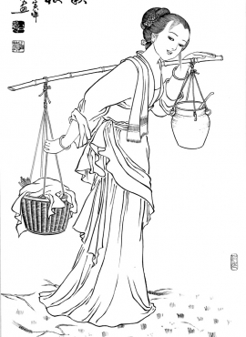 D001003《工笔白描仕女图-秋收时节》刘公华高清白描作品