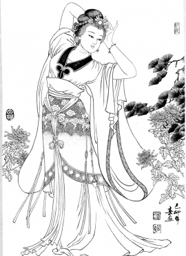 D001019《工笔白描仕女图-中秋黄花》刘公华高清白描作品