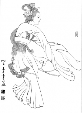 d001034《工笔白描仕女图-长袖舞》刘公华高清白描作品