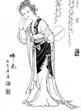 d001042《工笔白描仕女图-蝉声》刘公华高清白描作品