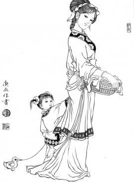 d001064《工笔白描仕女图-母女行》刘公华高清白描作品