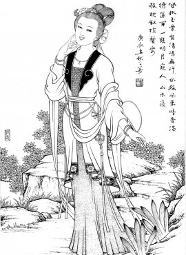 d001065《工笔白描仕女图-夏凉》刘公华高清白描作品