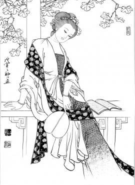 d001092《工笔白描仕女图-桐荫》刘公华高清白描作品