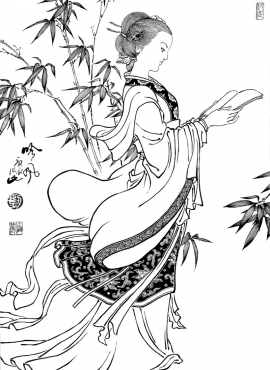 d001011《工笔白描仕女图-吟风》刘公华高清白描作品